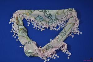 FS0037Fashion green scarf with pink flower tassels