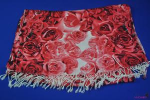 FS0053Fashion red rose pattern scarf with white tassels