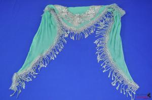 FS0056Fashion green scarf with white flower pattern and tassels