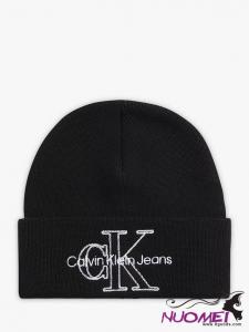 H0030 Calvin Klein Embroidered Logo Organic Cotton Beanie Hat, Black